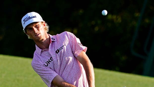 Will Zalatoris chips on the 18th hole during the final round of The Masters golf tournament.